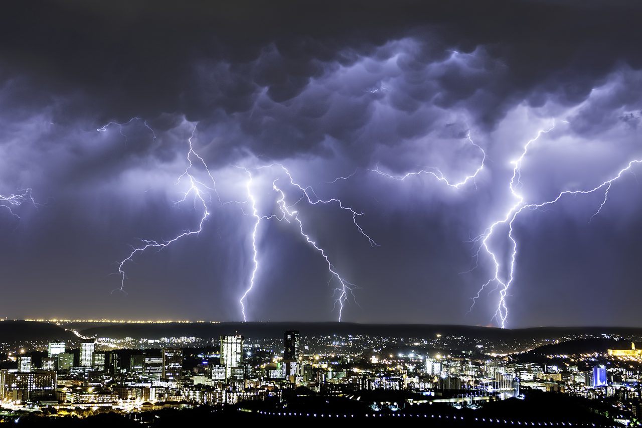 Massive Lightning Strikes From an Intense Summer Thunderstorm dwarfs the city of Pretoria, Gauteng Province, South Africa Massive Lightning Strikes From an Intense Summer Thunderstorm dwarfs the city of Pretoria, Gauteng Province, South Africa