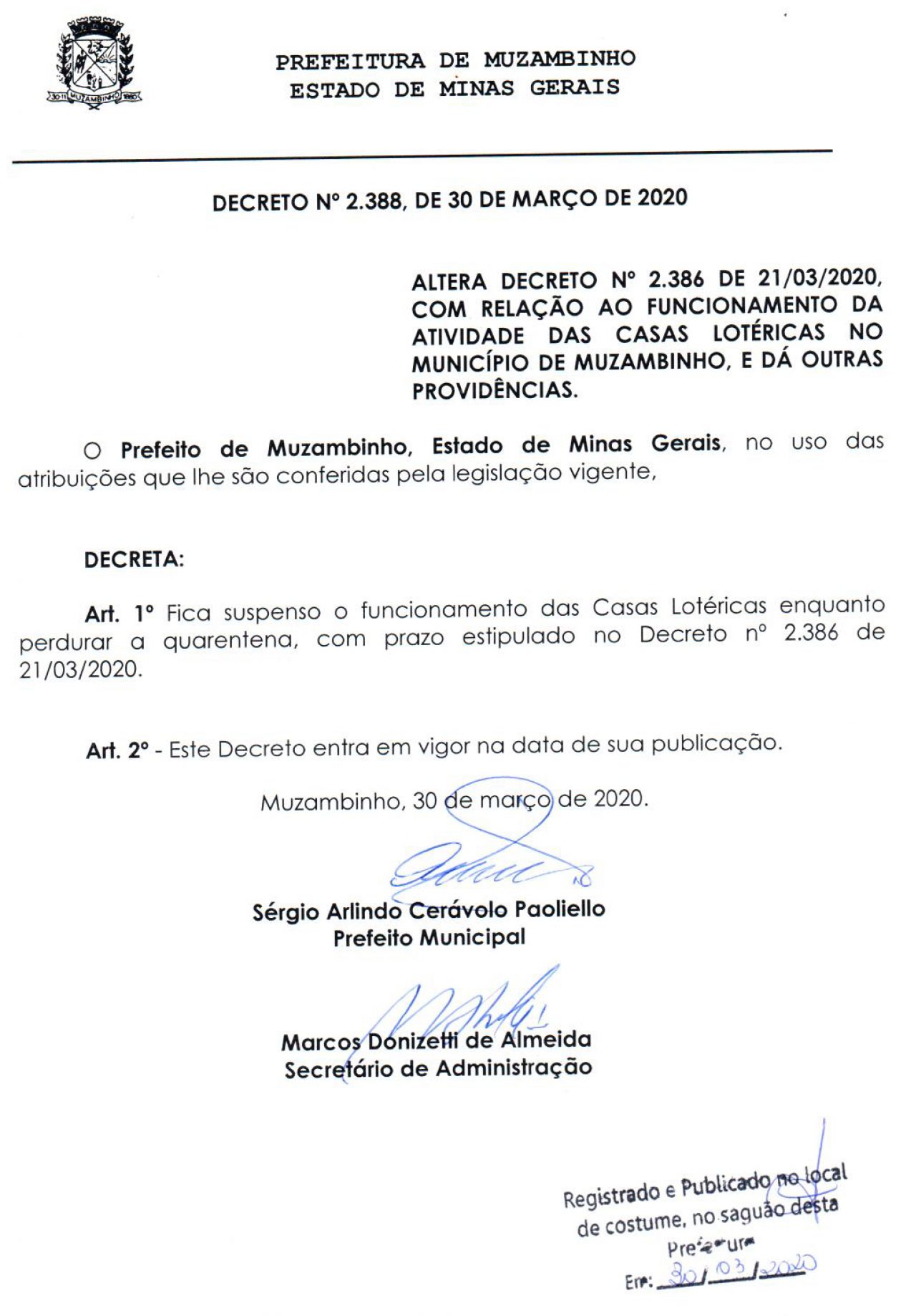 Decreto 2.388 - regulamenta casas lotéricas durante quarentena